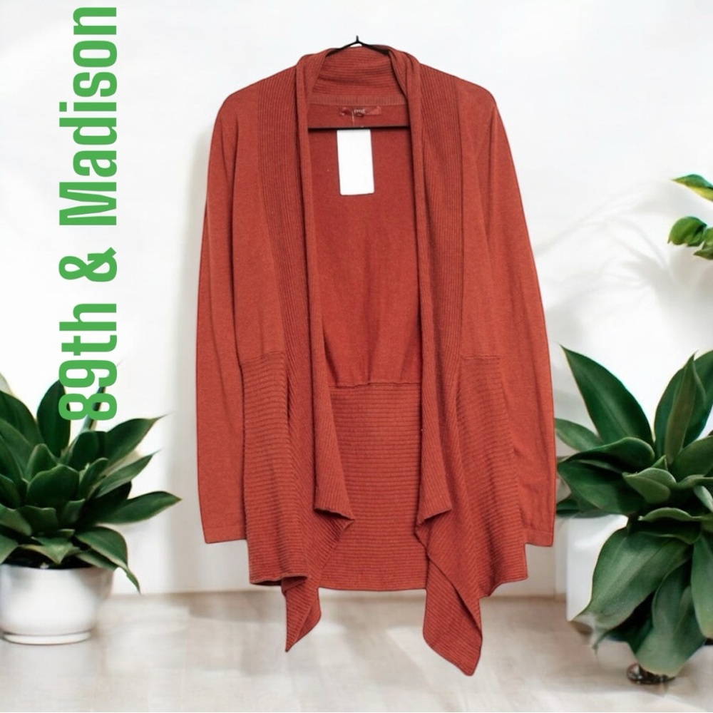 89th Madison women open front Rust Color Cardigan diagonal Asymmetrical lines Sm